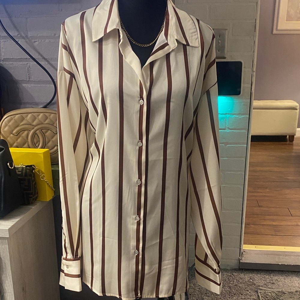 Ivory and Chocolate Satin Striped Button-Down Shirt